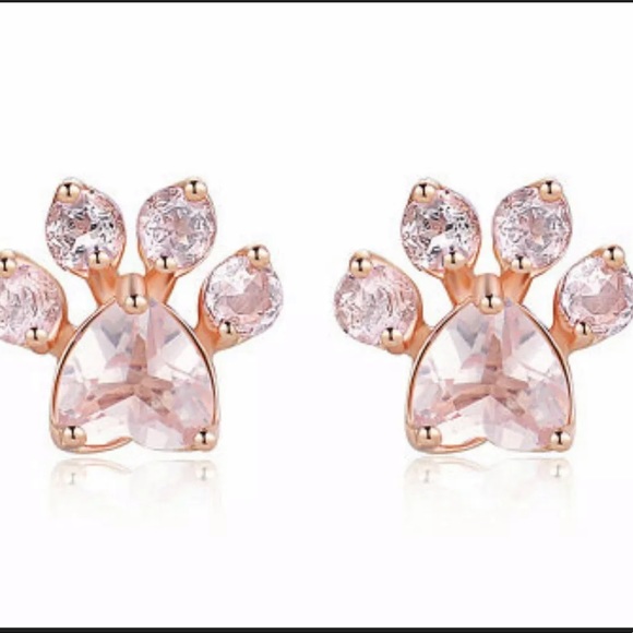 Rose Gold Pink Heart Paw Print Earrings - Picture 2 of 4